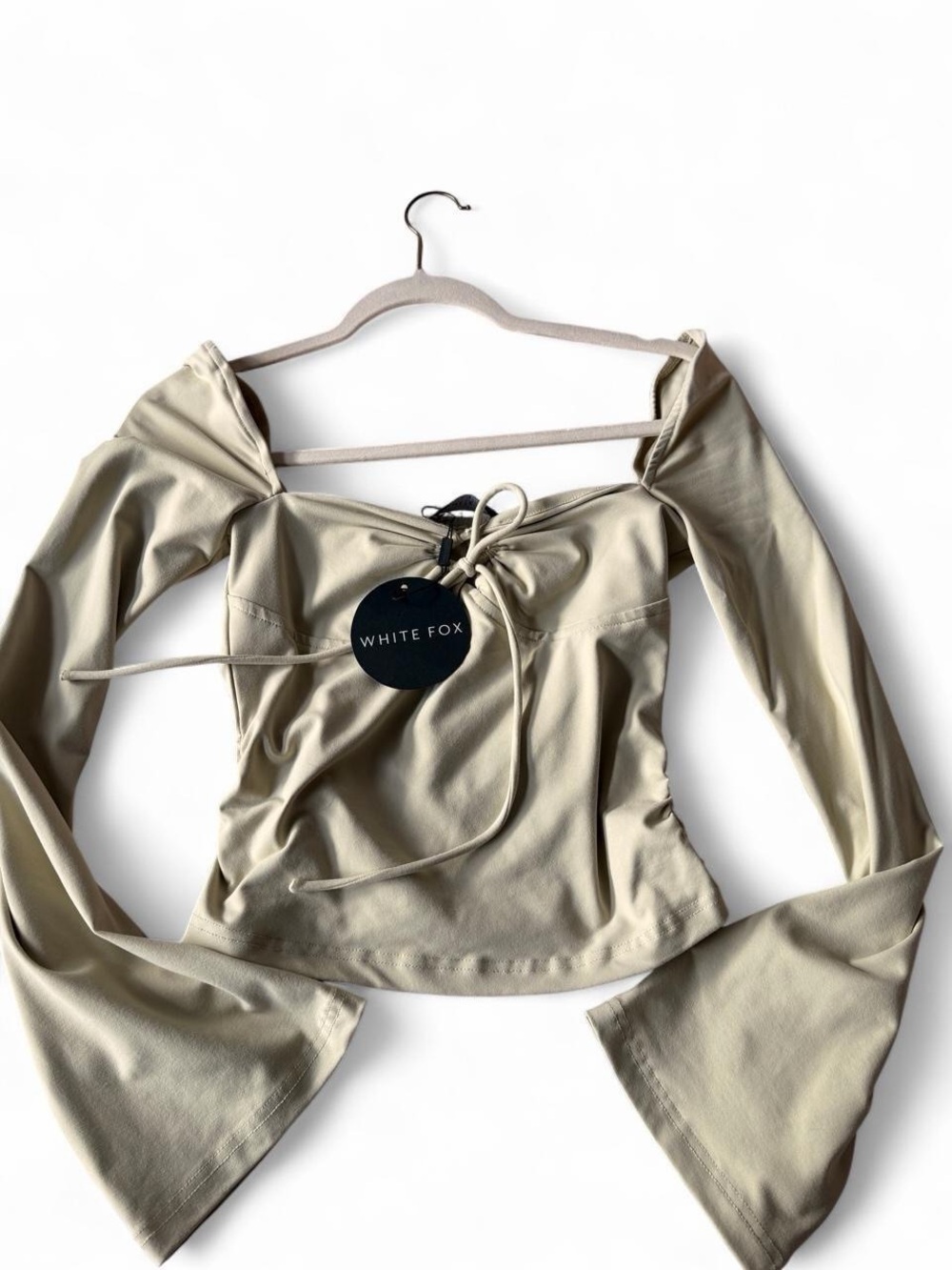 Cream Lace-Up Off-Shoulder Long Sleeve Top